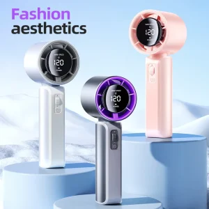 LED Display Mini Portable Outdoor Wearable Handheld Fan with Strong 120 Speed Control Easy Grip USB Rechargeable Battery