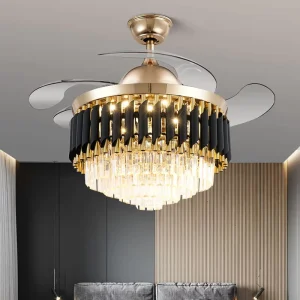 LED Invisible Bladeless Modern Black Gold Retractable Blades Ceiling Fan with K9 Crystal Light