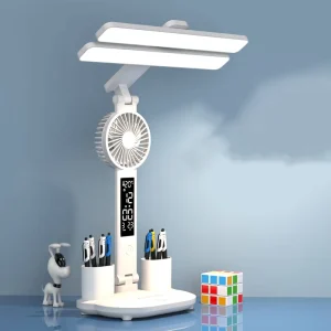 LED Smart Folding Desk Lamp Fan Pen Holder Clock Touch Control Eye Protection Learning Table Dimmable 6000K