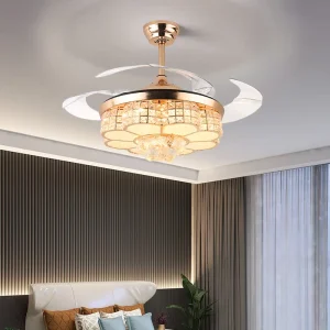 Light Luxury LED Ceiling Fan Light Modern Design Invisible Crystal Restaurant Living Room Frequency Converter Fan Chandelier DC