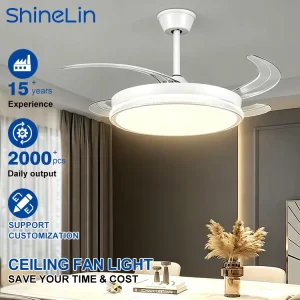 Long Life Modern Indoor Bedroom 42W 42 Inch ABS 4 Blades Retractable Led Invisible Ceiling Fan with Light and Remote
