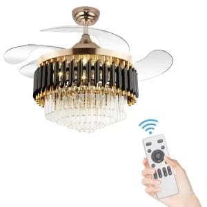 Luxury Bedroom Crystal Smart Chandelier Ceiling Light and Fan Invisible Blades for Room Decorations