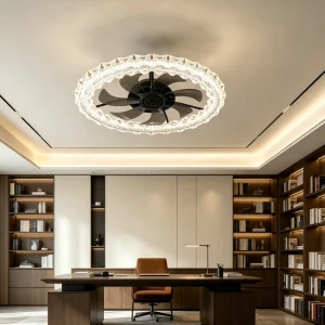 Luxury Crystal Edge Ceiling Fan Light LED Dimmable Silent Flush Mount Fan Lamp
