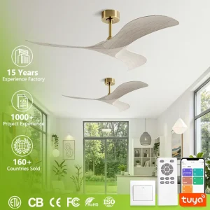 Luxury Modern 52 Inch Brushed Gold Ceiling Fan No Light 3 Weathered Gray Wood ABS Blades Silent DC Motor Propeller Fan Light