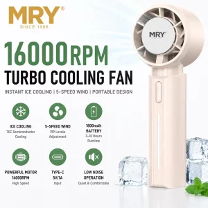 MRY Mini Ice Cooling Handheld Fan High Speed Portable Fan USB Fan 16000RPM 5 Speed Type C Rechargeable Private Label