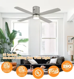 Manufacturer 52 Inch Silver Flush Mount Ceiling Fan 3 Speeds Decorative Ceiling Fan With Light Kit