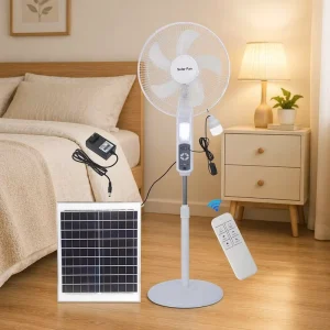 Manufacturer White Green 16 Inch 25W 4 Speed Adjustable Solar Electric Camping Standing Fan with Light