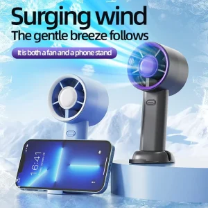 Mini Portable Handheld Fan with Three Speed Adjustment Air Cooling Battery Powered Mobile Phone Holder for Car & Outdoor Use