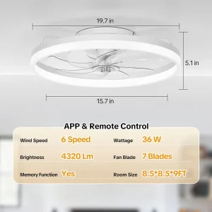 Modern 20 Inch Ceiling Fan with Lights Remote Control 36W LED Detachable Blades Bedroom 5 Year Warranty