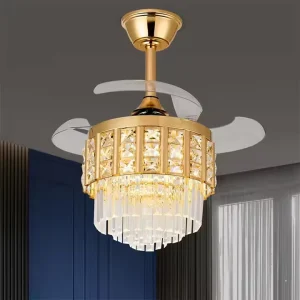 Modern 26 Inch Crystal LED Ceiling Fans with Remote Control Foldable Blade Air Cooler Chandelier for Home Dining Bedroom Light