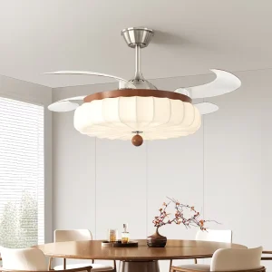 Modern 42 Inch Ceiling Fan with Retractable LED Lamp Remote Control Luxurious Smart Wooden Color for Living Room 220V BLDC DC