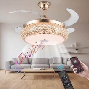 Modern 42 Inch Crystal Body Chandelier BT Speaker Retractable Home LED Ceiling Fan Remote Control Light AC 6 Speed Dimmable 220V