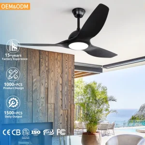 Modern 52 Inch Black Indoor LED Ceiling Fan with DC Motor Remote Control 3 Blades Fan Light 6 Speed for Home Office