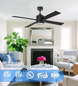 Modern 52 Inch Electric Ceiling Fan 4 Black Wood Blades LED Lighting Mechanical Wall 3 Speed Household Hotel Use AC Motor