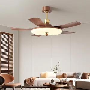 Modern 52 Inch LED BLDC Ceiling Fan Iron Lamp Body 6 Speed 5 Blades Walnut Wooden Finish Includes Remote Control for Home