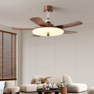 Modern 52 Inch LED BLDC Ceiling Fan Iron Lamp Body 6 Speed 5 Blades Walnut Wooden Finish Includes Remote Control for Home