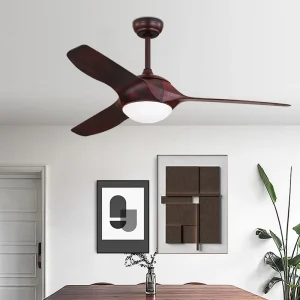 Modern 52 Inch LED Ceiling Fan 3 Rubber Leaf Blades Remote Control 6 Speeds Option for Bedroom Indoor Use Featuring Wood ABS
