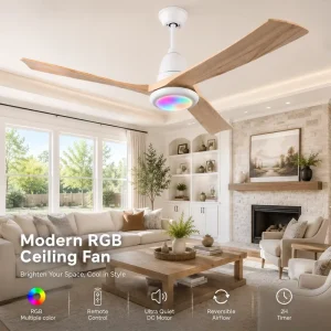 Modern 52 Inch RGB Solid Wood Blade Dimmable LED Ceiling Fan With Light