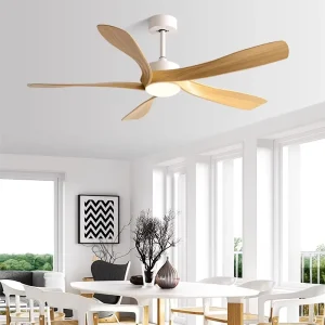 Modern 52 Inch Remote Control LED Lamp Ceiling Fan Light with 6 Speed BL Wood Blades Low Profile Living Room Fan