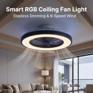 Modern ABS LED Ceiling Fan 7 Blades 40W DC24V Motor Stepless CCT RGB Dimming Reversible Wind 6-Speed Timer APP/IR Control Night