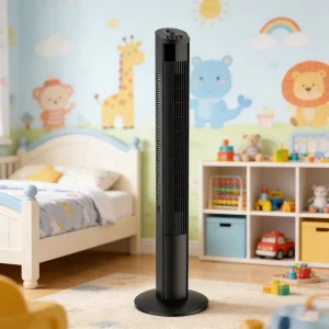 Modern Bladeless Pedestal Tower Fan with Remote Control Energy Efficient Mechanical Control for Bathroom Outdoor & RV Use
