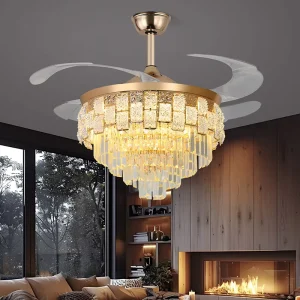 Modern Crystal LED Ceiling Fan Light with Remote Luxury Retractable Fan Blades Fandelier Pendant Light for Living Bed Room
