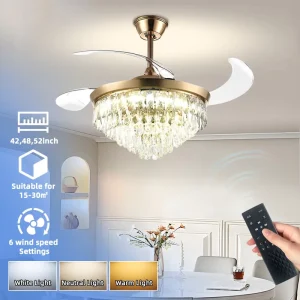 Modern DC Motor 42 52 Inch Led Ceiling Fans with Crystal Ring Light Remote Control for Villa Indoor Living Room