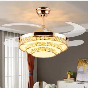 Modern Design Home Hotel Decorative Gold Crystal Ceiling Light Fan Luxury Retractable Remote Control Chandelier Led Ceiling Fans
