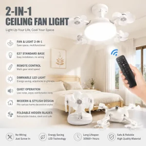 Modern E27 LED Ceiling Fan Light with Remote Control Dimmable 2 in 1 Ceiling Lamp Fan Quiet Retractable Blades Cooling Light