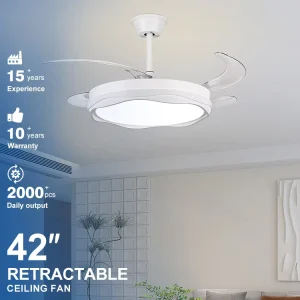 Modern Home Living Room Decor Indoor Application 42 Inch 4 Blade Retractable Invisible LED Ceiling Fan with Light and Remote