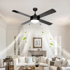 Modern Indoor Decorative 52 Inch Black Ceiling Fan with Light, 4 Wood Blades, Pull Chain