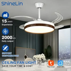 Modern Indoor Living Room 42 Inch 4 Blades Retractable Invisible Tuya Smart APP Control LED Ceiling Fan with Light