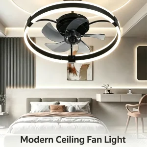 Modern LED Ceiling Fan Light Double Ring DC Motor 5 Blades Flush Mount Dimmable Chandelier for Living Room Bedroom Dining Room