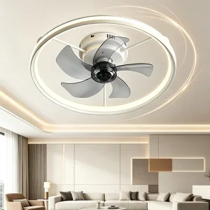 Modern LED Ceiling Fan Light Open Ring DC Motor 20W 5 Blades Flush Mount Dimmable 2 Sizes for Bedroom Living Room Kids Room