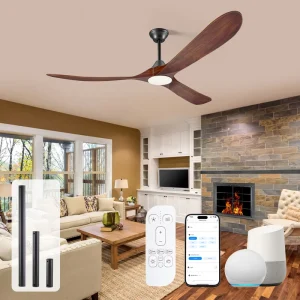 Modern LED Electric Ceiling Fan 70 Inch Wood Blades DC Motor Smart Remote Control Light Energy Saving Quiet Design Hotel