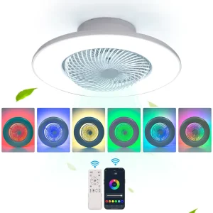 Modern Low Profile Bladeless 20” Smart LED Ceiling Fan Dimmable Remote APP Control LED RGB Ceiling Fan with Lights for Kitchen