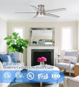Modern Luxury 52 Inch Indoor Ceiling Fan with 5 Wooden Blades Light AC Motor Electric Silver Finish Household Use