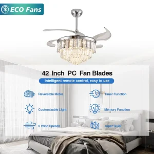 Modern Luxury Ceiling Fan with Crystal Light 42 Inch Indoor Remote Control Fan with 6 Wind Speeds