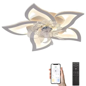 Modern Plastic Ceiling Fans with LED Lights Remote Control 3 Color Options Dimmable Petal Design for Bedroom Living Room