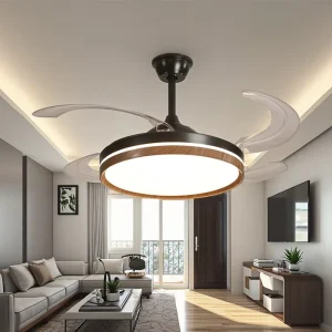 Modern Walnut LED Smart Ceiling Fans 42 Inch Iron Acrylic PE Fancy Lamp DC Motor 6 Speed Dimmable Energy Efficient Smart
