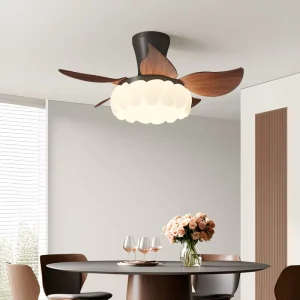 Modern Walnut Wood LED Smart Remote Control Mini Air Conditioning Folding Design ABS Lamp Body DC Motor Ceiling Fan with Light