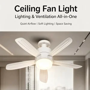 Modern White Ceiling Fan Light 5 Blade Green LED Ring 24W Flush Mount Dual Size D400 D520 Remote Control