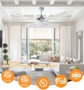 Modern White Electric Ceiling Fan with Light 4 Plywood Blades Stylish and Low Noise for Home or Hotel AC Motor