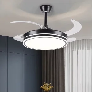 Morden Style Indoor Pure Cooper Motor Remote Control Dimmable Retractable Led Ceiling Fan Light