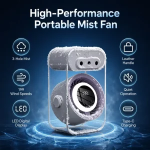 Multifunctional Nano Mist Circulator Fan Stepless 199 Wind Speed Control 3-Level Mist Light Adjustable Rechargeable Cooling Fan