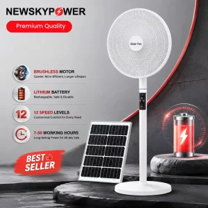 NEWSKYPOWER T919 16 Inch Brushless Motor Solar Fan with LED Light Dual Charging Solar Panel and AC Charging 25W