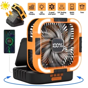 New Camping Travel Solar Fan 10000mAh Bladeless Foldable Auto Oscillating Adjustable Wind Speed with LED
