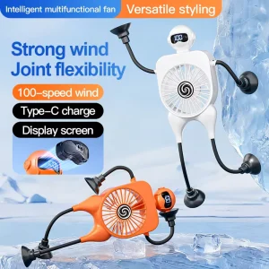 New Convertible Robot Mini Fan with Suction Cup Smart Digital Display USB Cartoon Desktop Fan