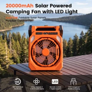New Design 20000mAh Solar Powered Outdoor Fishing Camping Fan 4 Wind Speed Rechargeable Camping Fan with LED Light