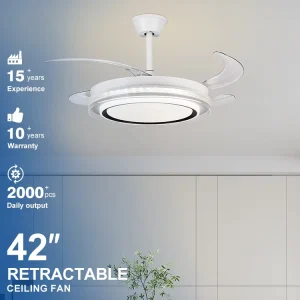 New Design High Quality Modern Indoor Bedroom 42W 42 Inch ABS 4 Blades Retractable Led Invisible Ceiling Fan with Light